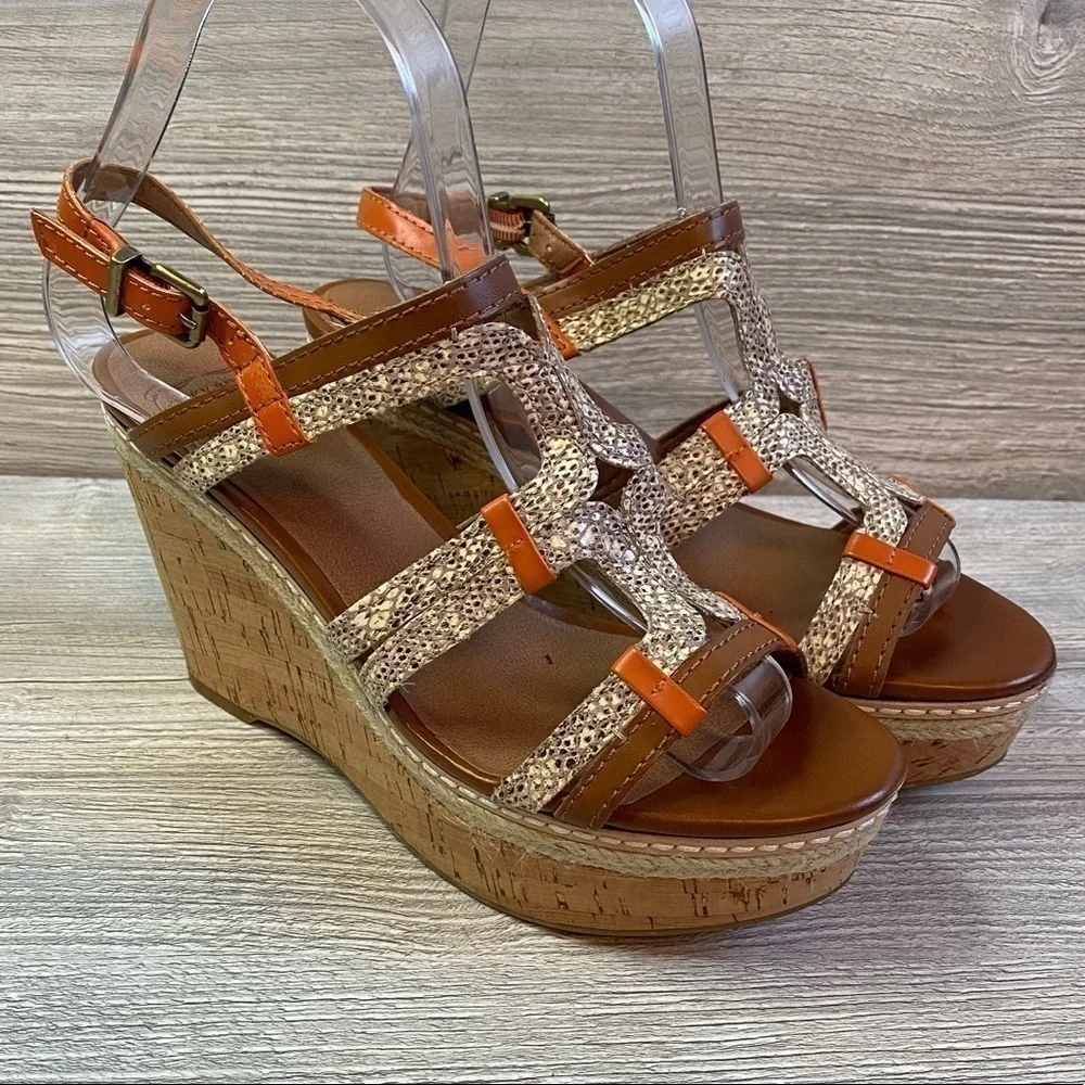 Strappy leather wedge cork sandals Lucky brand Keena with adjustable buckle EUC